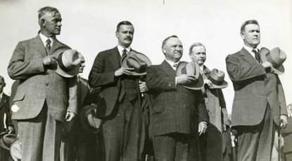 [L-R: UM Ath. Director Fielding Yost, UM President C.C. Little, Michigan Governor Fred Green, OSU Ath. Dir. L.W. St. John, Ohio Governor Vic Donahey]