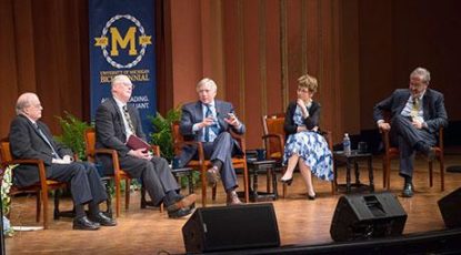 From left, past U-M presidents Harold Shapiro, James Duderstadt, Lee Bollinger and Mary Sue Coleman and current President Mark Schlissel participated in Thursday's panel discussion. (Photo by Austin Thomason, Michigan Photography)