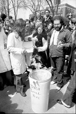 A group called Advocates for Medical Information burned Willson's textbook on the Diag. (Image: U-M Library.)