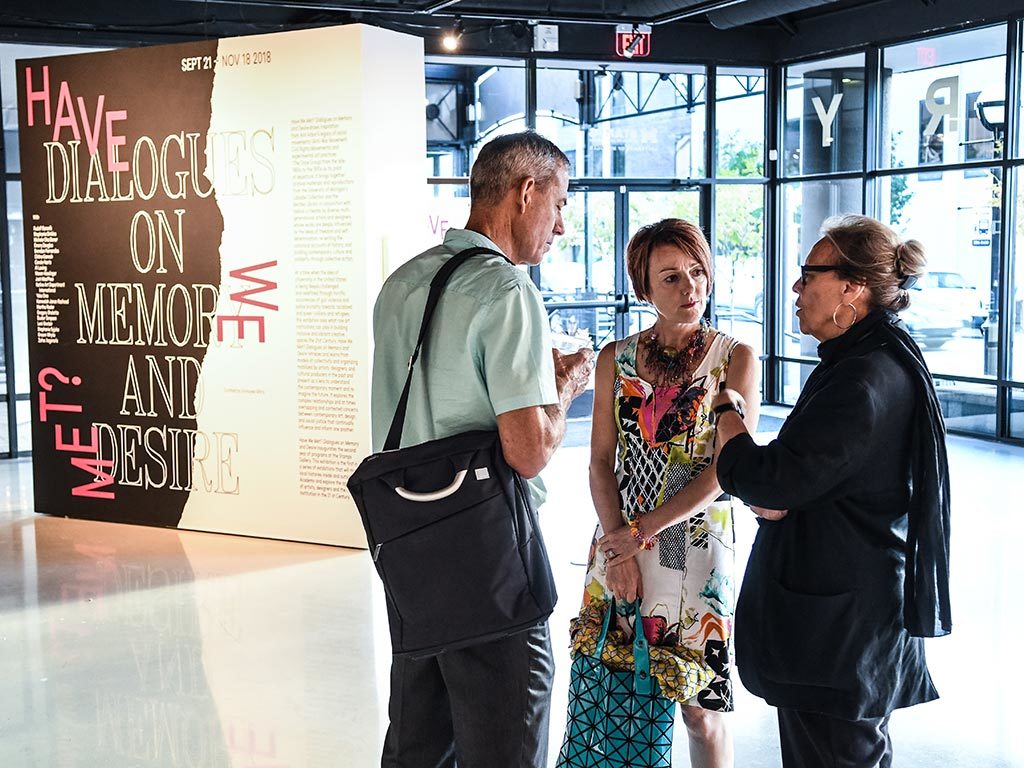 Jane Prophet (center), the newly appointed associate dean of research at the Stamps School of Art & Design, with her husband, David Richardson, and Stamps professor and artist Carole Jacobsen (right).