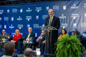 President Mark Schlissel delivers remarks during an Oct. 30 event announcing the Detroit Center for Innovation, which will be anchored by a variety of U-M programs.