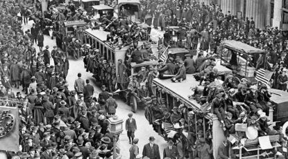 A crowd fills the streets in 1918, the last time the U.S. endured a deadly pandemic prior to 2020.