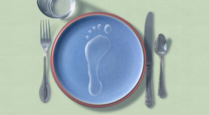 Footprint on a blue plate, representing water