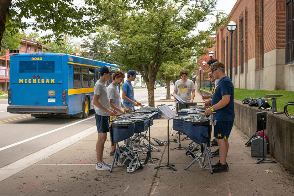 Drumline members practice on Hoover in the afternoon