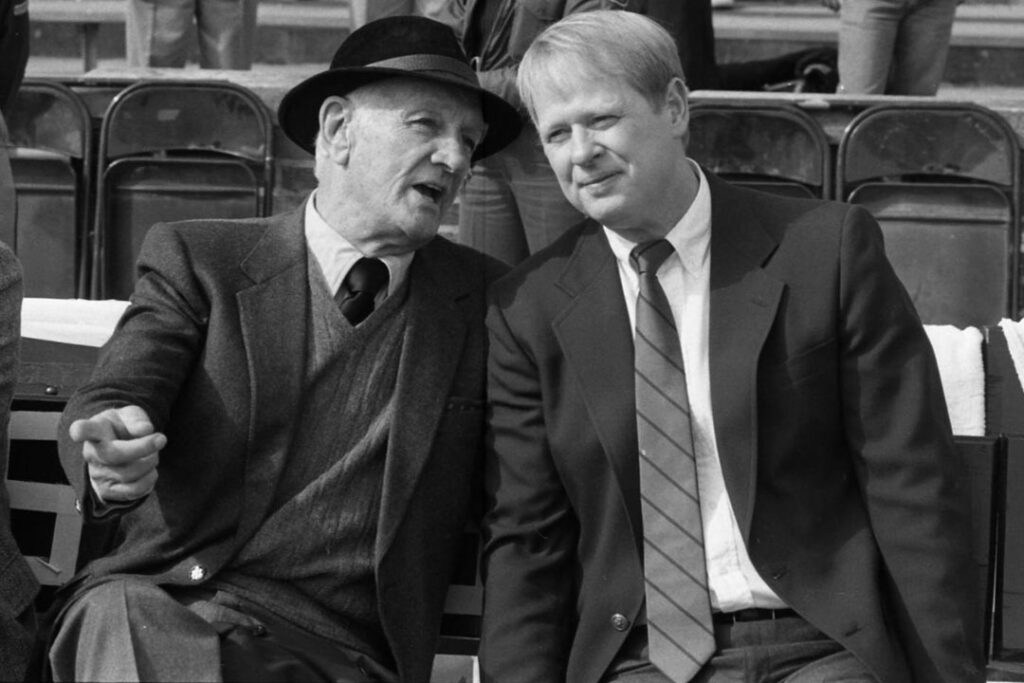 James Duderstadt with football legend Tom Harmon, 1988