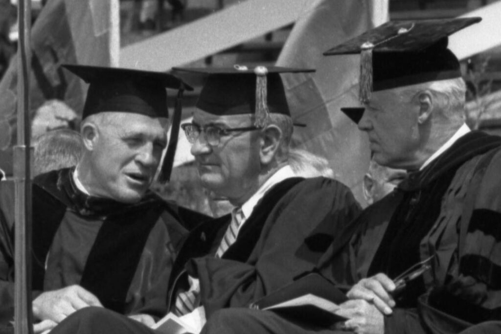 Hatcher at 1964 commencement with Mich gov. Romney and LBJ