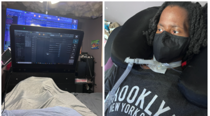 Jordan Weston, who suffers from ALS, wears a breathing tube and looks at two computer screens running a music production program.