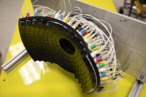 The 700kHz, 260-element histotripsy ultrasound array transducer used in Prof. Xu’s lab. Image credit: Marcin Szczepanski/Lead Multimedia Storyteller, Michigan Engineering