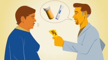 Graphic of doctor handing prescription to a female patient.