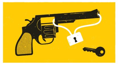 Graphic of a pistol under lock and key; yellow background.