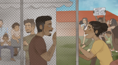 Graphic of two people on opposite sides of chainlink fence, visiting at a prison. Someone holds a sign that says "Keep Families Together."