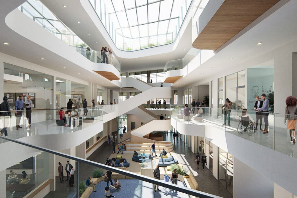 Atrium filled with people in a modern office building