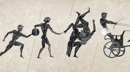 Illustration shows ancient Olympians in a line using discus, doing wrestling, and racing in a chariot.