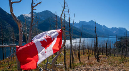 A Canadian flag flutters in the breeze surrounded by burnt tree trunks.