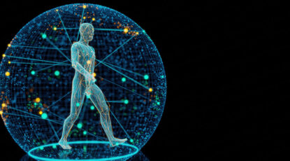 graphic of human figure walking inside a bubble in which it appears all kinds of signals are shooting about.