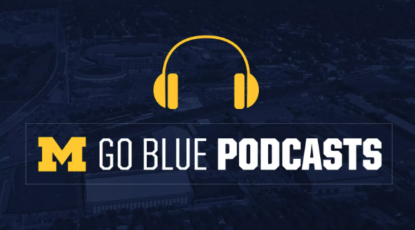 Logo reads: M Go Blue Podcasts in white text on dark blue background with maize headphones that look like Beats.