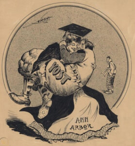 A vintage newspaper cartoon of graduate in cap and gown and robe that reads "Ann Arbor" holds a loving Fielding Yost in his arms and cheek to cheek. Yale’s famous coach, Amos Alonzo Stagg, looks on in envy.