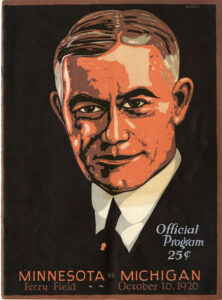 Michigan football program cover from Oct. 16, 1926, features a portrait of Yost in oranges, grays, and browns. The game was at Ferry Field against Minnesota.