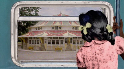 Graphic of a young Black girl looking out the window of a bus at the Glen Echo Amusement Park.