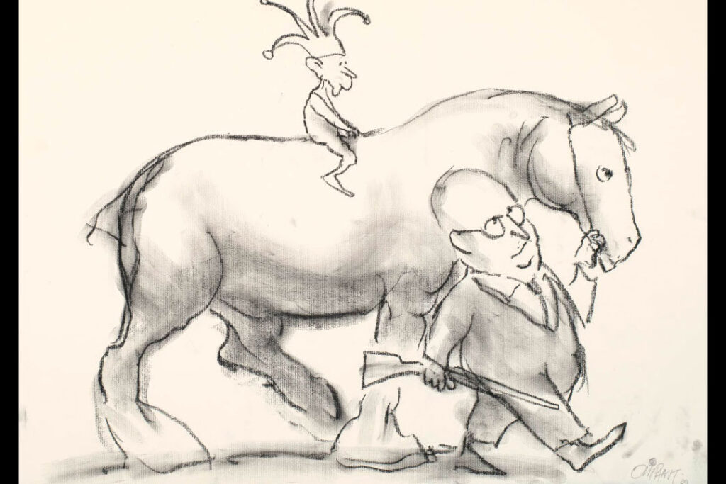 Pat Oliphant sketch of George W. Bush being led around by Dick Cheney.