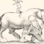 Pat Oliphant sketch of George W. Bush being led around by Dick Cheney.