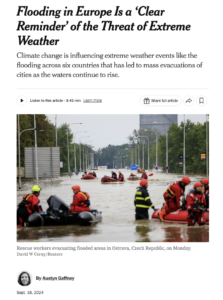 Graphic of a New York Times story in which Ricky Rood is quoted. The image shows rescue workers in flooded areas of Ostrava, Czech Republic, floating in boats on major roadways.