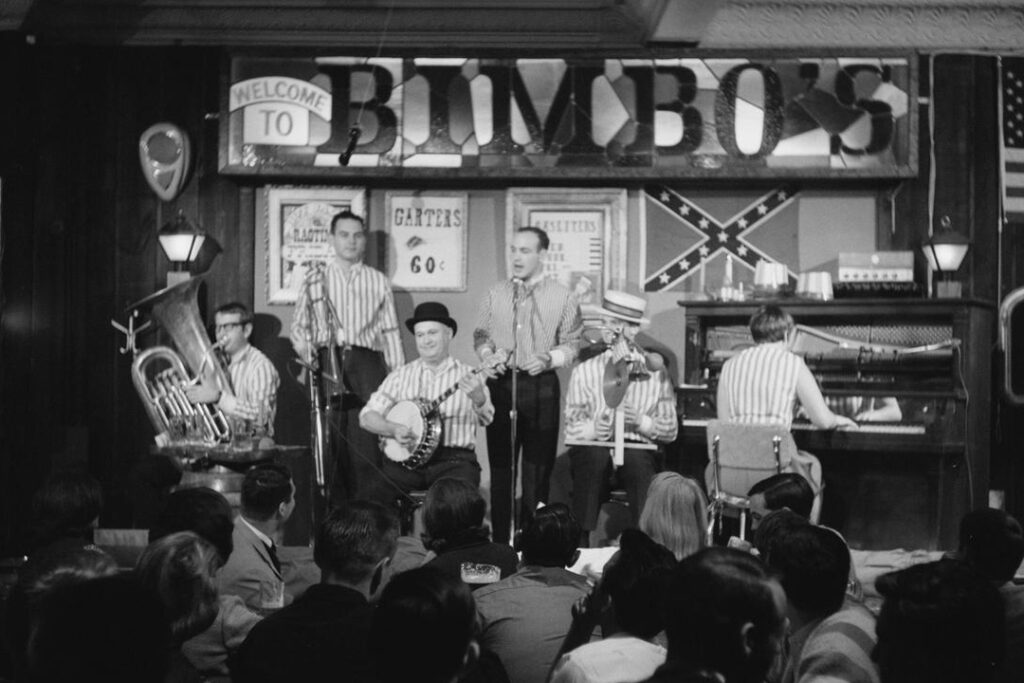 Bimbo's interior, black & white, as band plays.