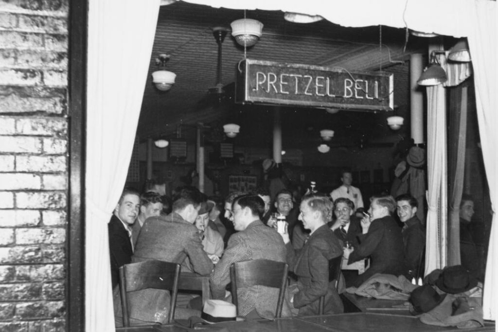 A view into the Pretzel Bell from outside the window. Black & white.