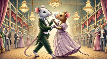 AI-generated image of mice waltzing at the turn of the 20th century.