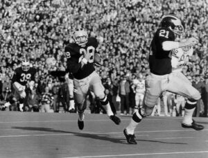 Back and white image of Barry Pierson's stunning punt return in the second quarter of the Nov. 1969 victory against Ohio State.