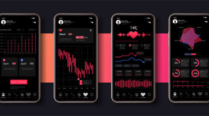 Four cellphones in a row show data generated by wearable technology to track one's physiology and fitness.