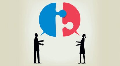 Graphic of two silhouetted people standing beneath red and blue talk bubbles that look like mismatched puzzle pieces.