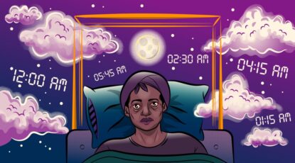 Graphic of a person who can't sleep, bleary-eyed and surrounded by time stamps that show they've been awake all night. Sky is purple and filled with clouds and stars.