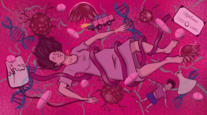 Graphic depicts young person being attacked by tumors and other horrible things. A female in reds and pinks. Looks like a nightmare.