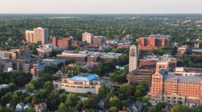 Aerial view of central campus in the summer.