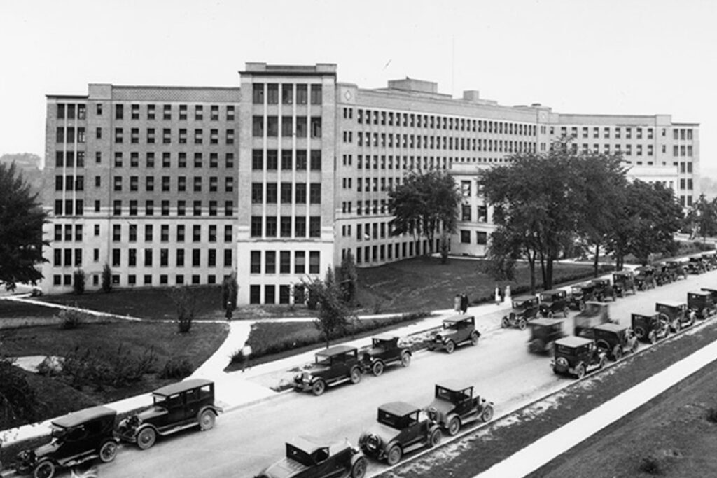 A black and white image of the University of Michigan hospital once known as Old Main.