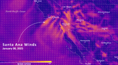 Graphic map shows strength of Santa Ana winds during devastating wildfires in California in January 2025.