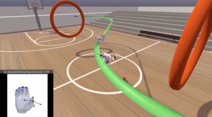 A screenshot of the game display shows the quadcopter following a green path around the rings. The inset shows a hand avatar. The neural implant records from nearby neurons and algorithms determine the intended movements for the hand avatar. The finger positions are then used to control the virtual quadcopter. (Image credit: Nature Medicine.)