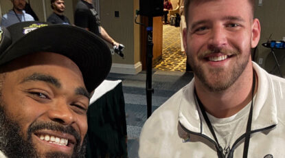 Two young men, former Michigan Wolverines, Brandon Graham and Trevor Keegan celebrate their win as Philadelphia Eagles in Super Bowl LIX.