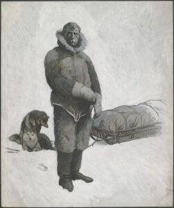 A sketch of Hobbs in heroic-explorer mode, with sled dogs. (Image: Bentley HIstorical Library)