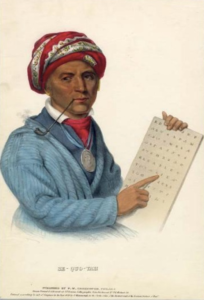 Painting of Sequoyah, wearing turban and smoking pipe, holding the syllabary he created for the Cherokee nation.