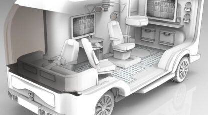 An illustration of a mobile clinic under development through a major project coordinated by the Advanced Research Projects Agency for Health (ARPA-H). The University of Michigan is leading one of two efforts to build AI guidance that can enable medical generalists to perform like specialists for common conditions. Clinic includes chairs, computer monitors, and cabinets.