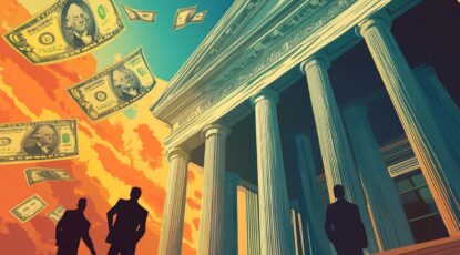 Graphic image of government building with classic greek architecture, columns, etc., with male figures in silhouette observing dollar bills flying around the sky.