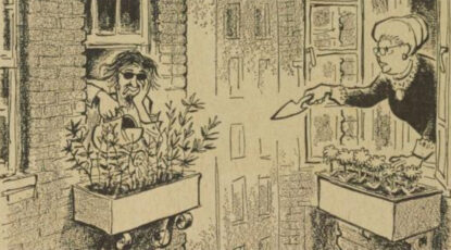 Bill Mauldin cartoon that ran in the Michigan Daily shows an old lady remarking on a hippie's growing weed garden.