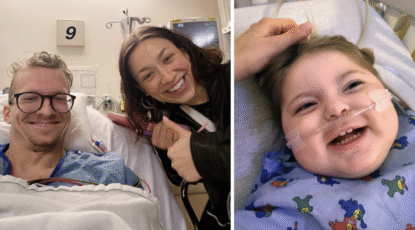 Two images side by side: one is a hospital patient smiling in bed as someone holds his hand; the other is a baby in a hospital bed, smiling.