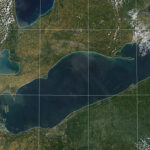 Satellite image of Lake Erie. Image credit: NOAA Great Lakes CoastWatch MODIS Satellite Image – July 6, 2020