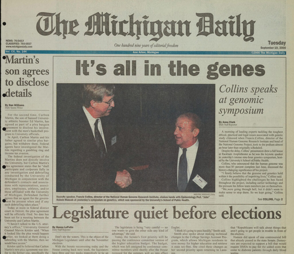 Michigan Daily front page re: Francis Collins and the Human Genome Project.