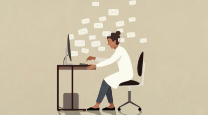 Graphic of a Michigan Medicine physician at a computer overwhelmed by email, as messages shoot out of the PC and fly through the air.