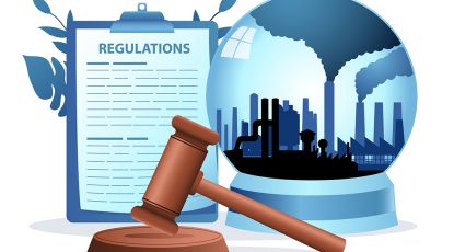 Graphic depicts a clipboard that reads: Regultions, alongside a snowglobe with factories spewing smoke, and a judge's gavel.