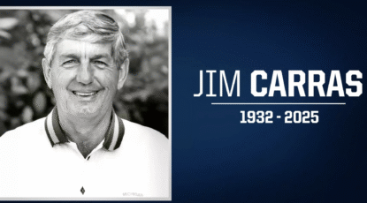 Jim Carras, golf coach, obituary photo, black and white headshot with name and dates -- 1932-2025.